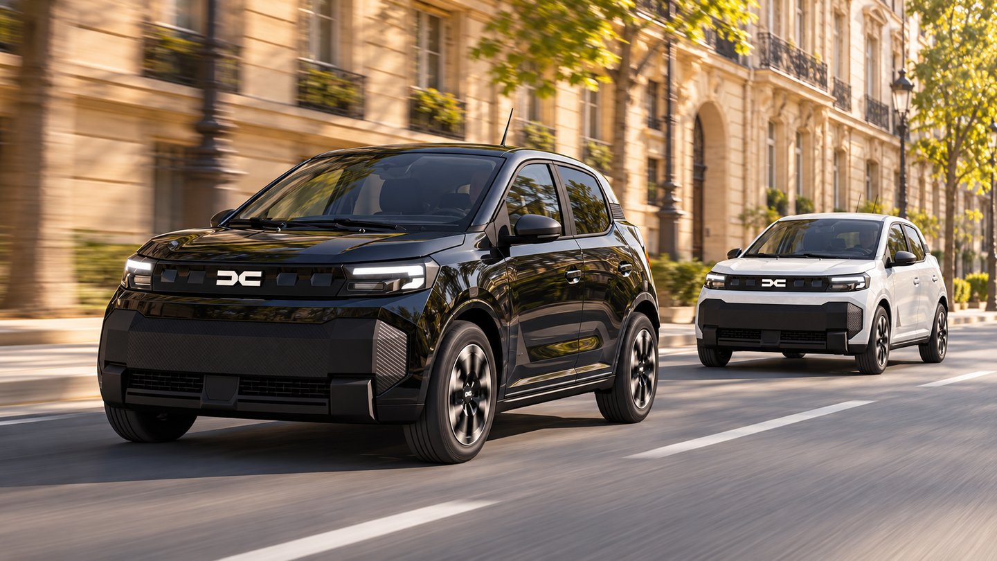 Zwei Dacia Spring in Schwarz und Weiß während der Fahrt – KI-bearbeitete Illustration auf Basis eines Herstellerfotos