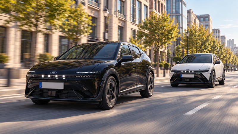 Ein schwarzer und ein weißer Hyundai IONIQ 3 im N-Line-Design fahren versetzt auf einer städtischen Allee, aufgenommen als Rolling Shot.