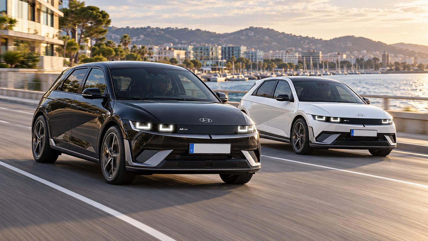 Ein schwarzer und ein weißer Hyundai IONIQ 5 im N-Line-Design fahren versetzt auf einer Straße am Wasser, aufgenommen als Rolling Shot.