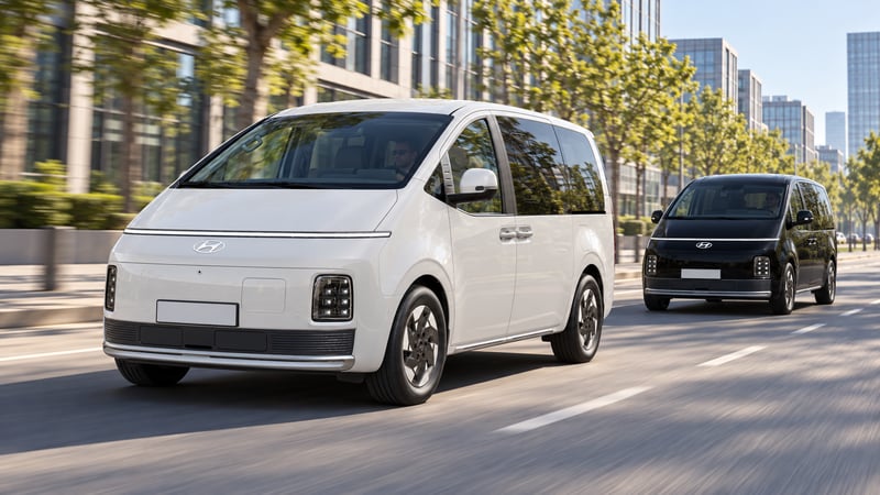 Ein weißer und ein schwarzer Hyundai STARIA Elektro Calligraphy fahren versetzt auf einer Allee zwischen modernen Bürogebäuden, aufgenommen als Rolling Shot.
