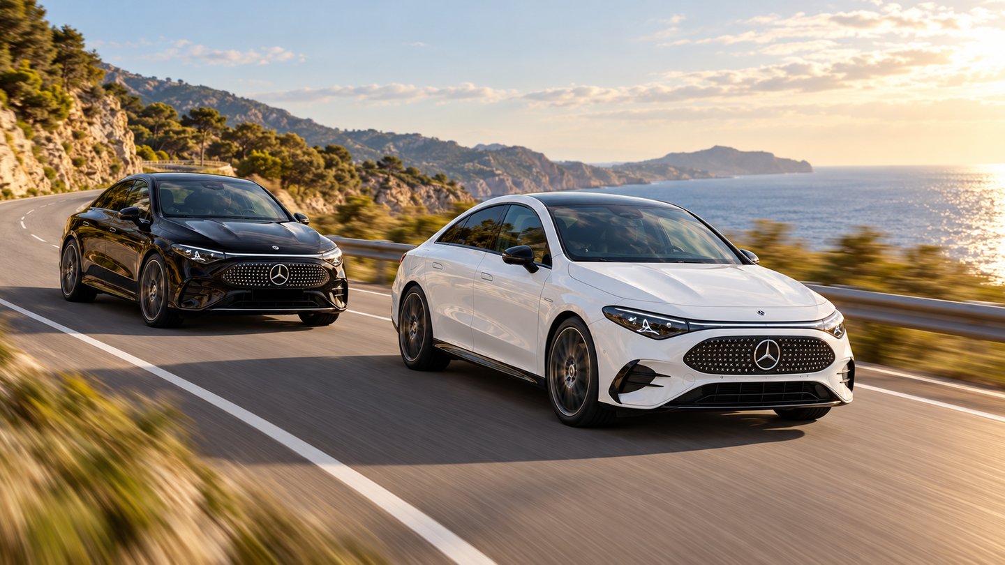 Zwei elektrische Mercedes-Benz CLA in Weiß und Schwarz auf einer Küstenstraße – KI-bearbeitete Illustration nach einem Herstellerfoto