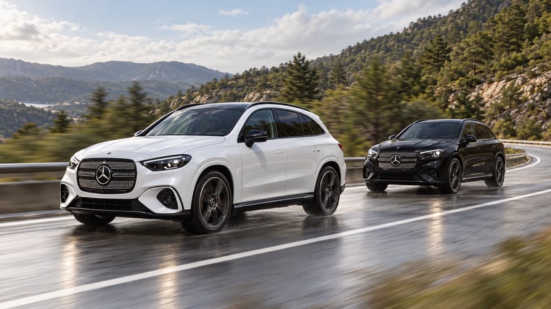 Zwei elektrische Mercedes-Benz GLC in Schwarz und Weiß während der Fahrt – KI-bearbeitete Illustration nach einem Herstellerfoto