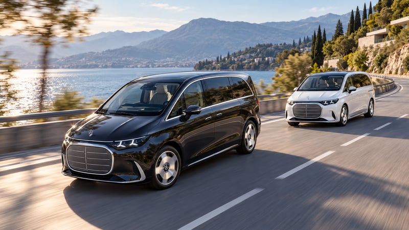 Zwei Mercedes-Benz VLE in Schwarz und Weiß auf einer Straße am See – KI-bearbeitete Illustration nach einem Herstellerfoto