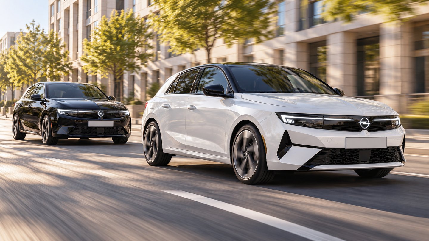 Ein weißer und ein schwarzer Opel Astra Electric als fünftürige Schrägheckmodelle fahren durch eine moderne Stadtstraße.