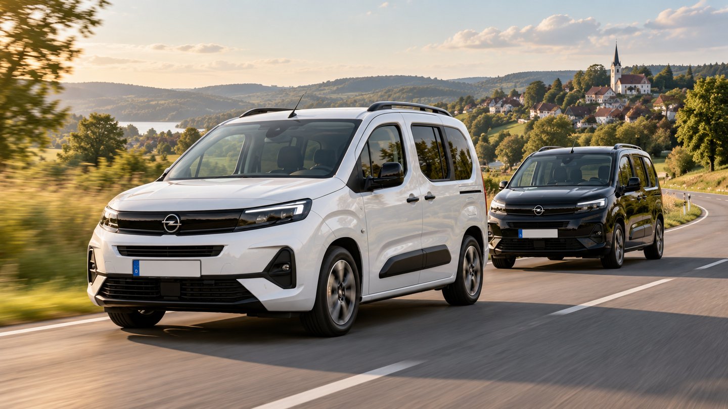 Ein weißer und ein schwarzer Opel Combo Electric fahren als Rolling Shot auf einer Landstraße vor einer grünen Hügellandschaft.