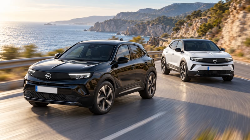 Ein schwarzer und ein weißer Opel Mokka Electric fahren versetzt entlang einer sonnigen Küstenstraße.
