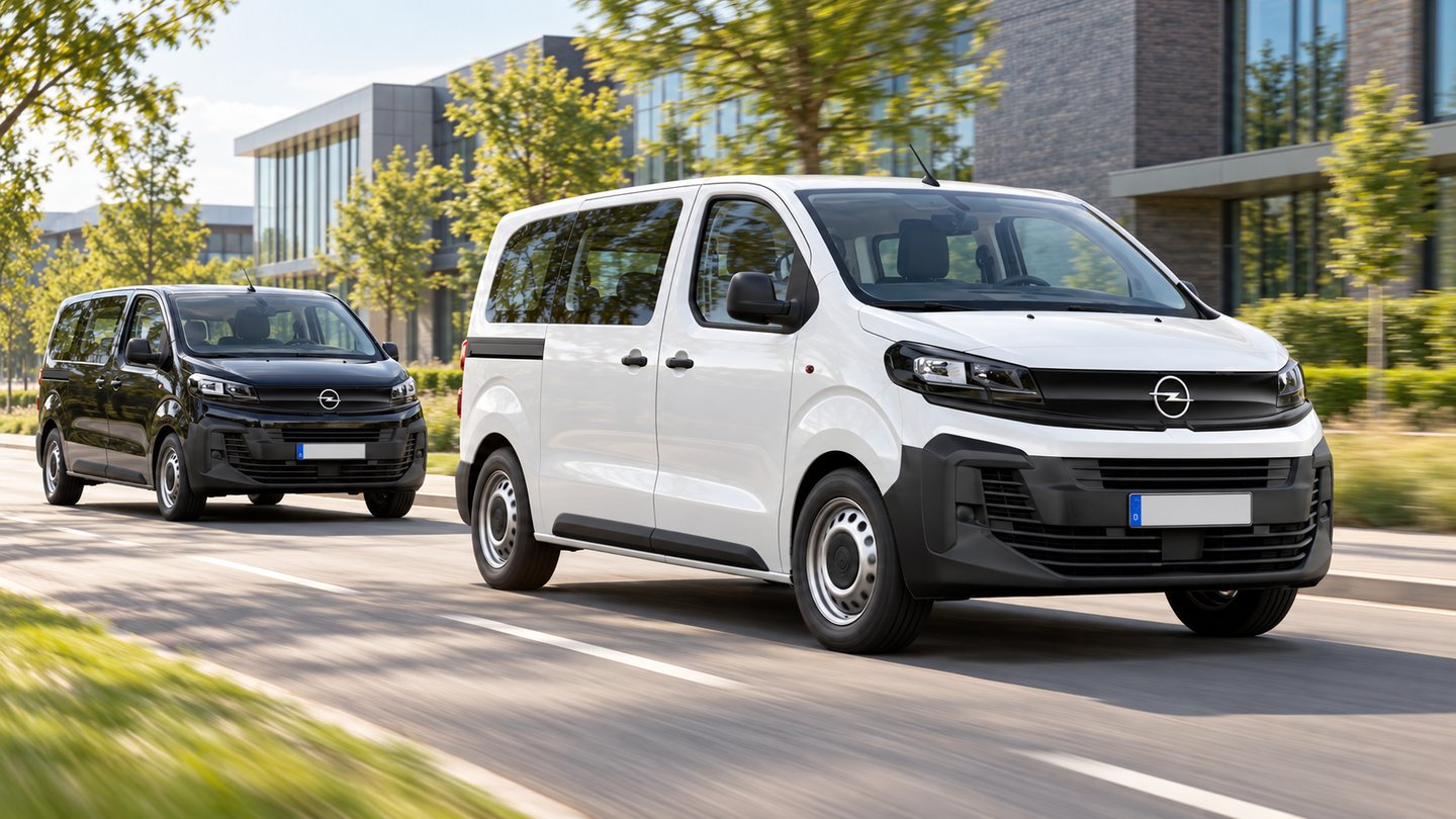 Ein weißer und ein schwarzer Opel Vivaro Kombi Electric fahren als Rolling Shot auf der begrünten Zufahrt eines modernen Geschäftscampus.