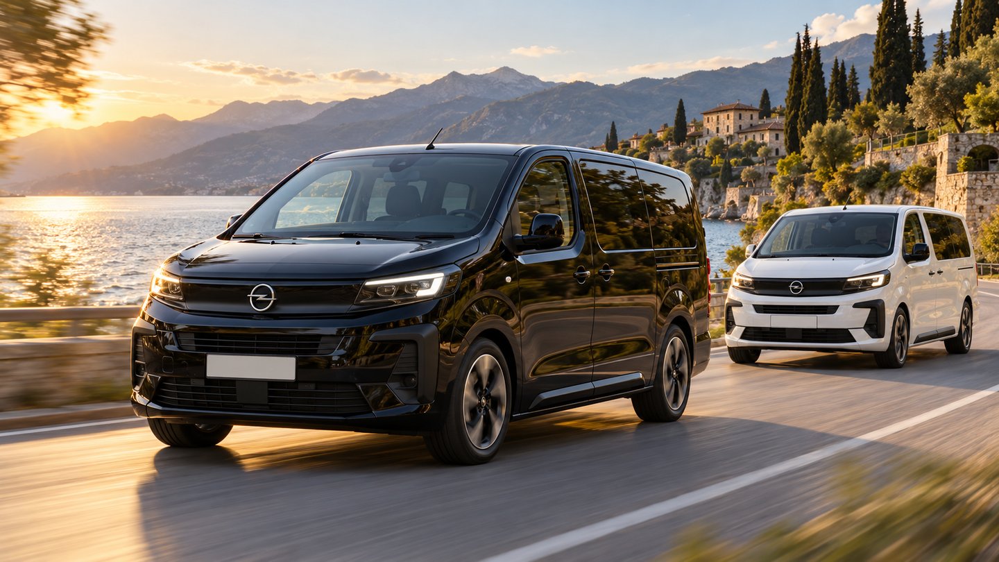 Ein schwarzer und ein weißer Opel Zafira Electric fahren als Rolling Shot auf einer Straße an einem See im warmen Abendlicht.