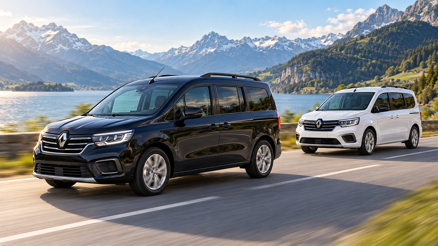 Zwei Renault Grand Kangoo E-Tech elektrisch in Schwarz und Weiß während der Fahrt – KI-bearbeitete Illustration auf Basis eines Herstellerfotos