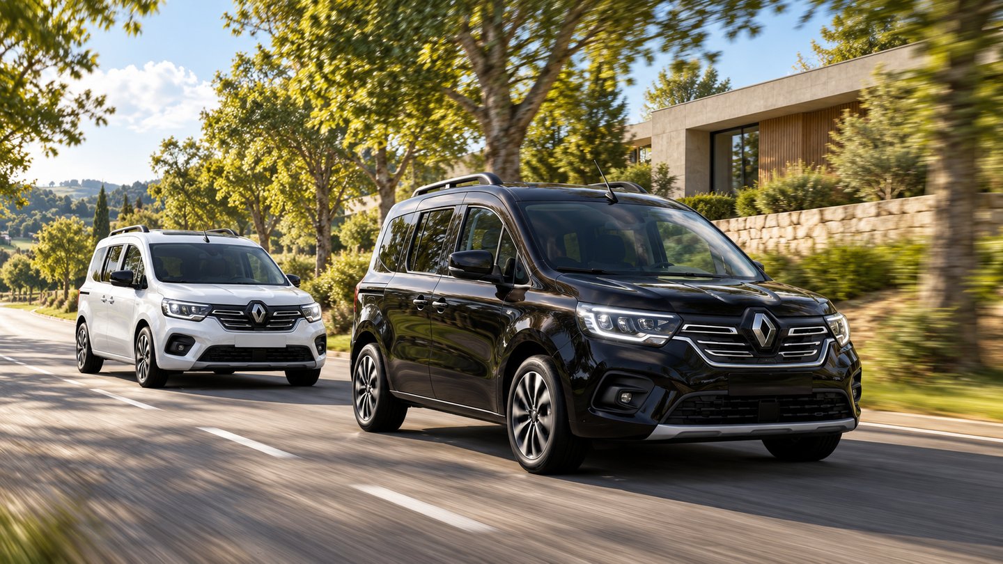 Zwei Renault Kangoo E-Tech elektrisch in Schwarz und Weiß während der Fahrt – KI-bearbeitete Illustration auf Basis eines Herstellerfotos