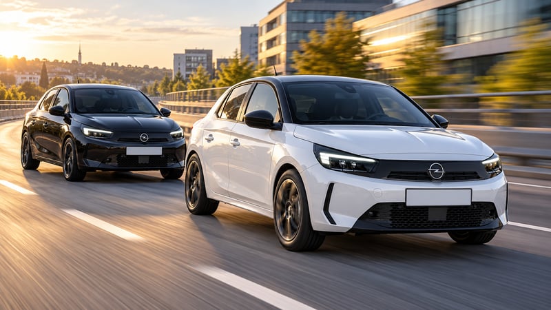 Ein weißer und ein schwarzer Opel Corsa Electric fahren versetzt auf einer städtischen Straße im Abendlicht.