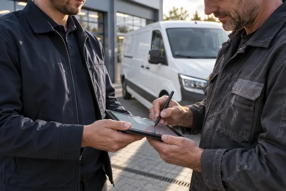 Ein Fahrer hält ein Tablet, auf dem ein Handwerker die Fahrzeugübergabe unterschreibt. Der gelieferte weiße Transporter steht unscharf im Hintergrund.