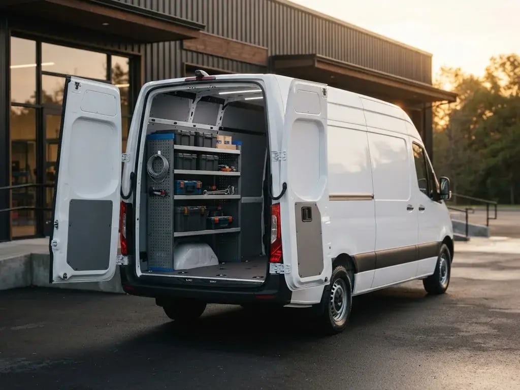 Weißer Kastenwagen mit geöffneten Hecktüren und Regaleinbau vor einer Werkstatt