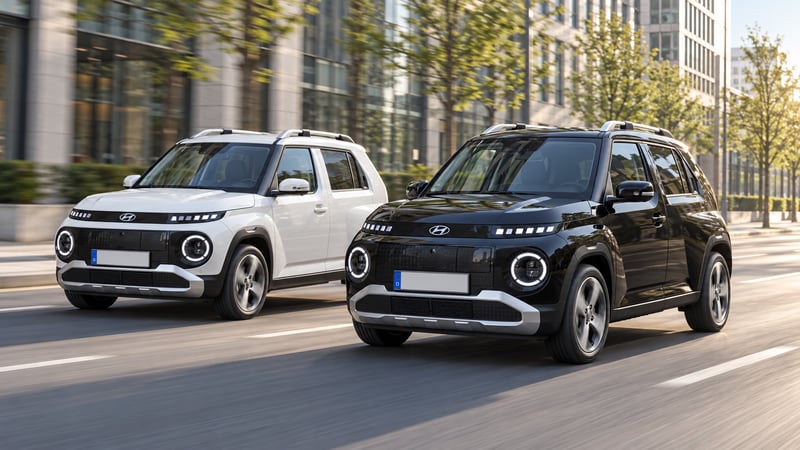 Ein schwarzer und ein weißer Hyundai INSTER fahren versetzt auf einer Stadtstraße, aufgenommen als Rolling Shot.