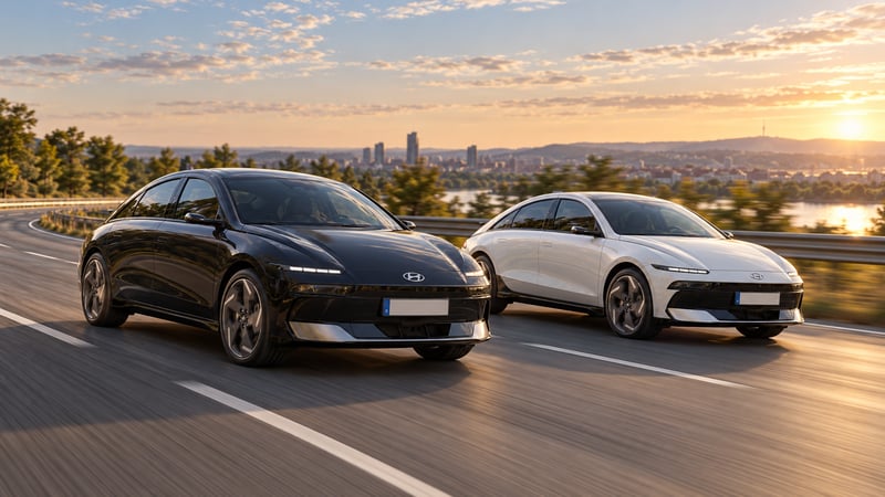Ein schwarzer und ein weißer Hyundai IONIQ 6 des aktuellen Facelifts fahren versetzt auf einer breiten Straße im Abendlicht.