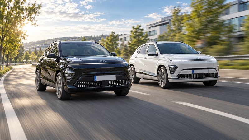Ein schwarzer und ein weißer Hyundai KONA Elektro der zweiten Generation fahren versetzt auf einer Straße am Stadtrand.