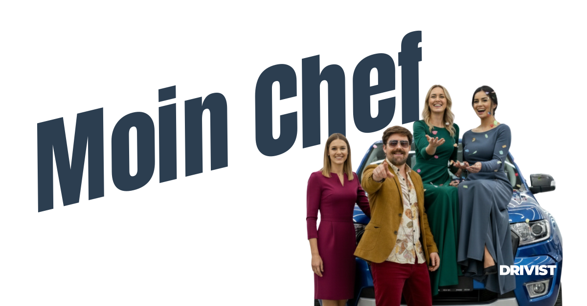 Moin Chef - Herobild der Startseite drivist.de. Werbeikone Bernd mit Willkommensgeste und SocialMedia Team sitzend auf blauem Pickup. Konfetti wird geworfen.